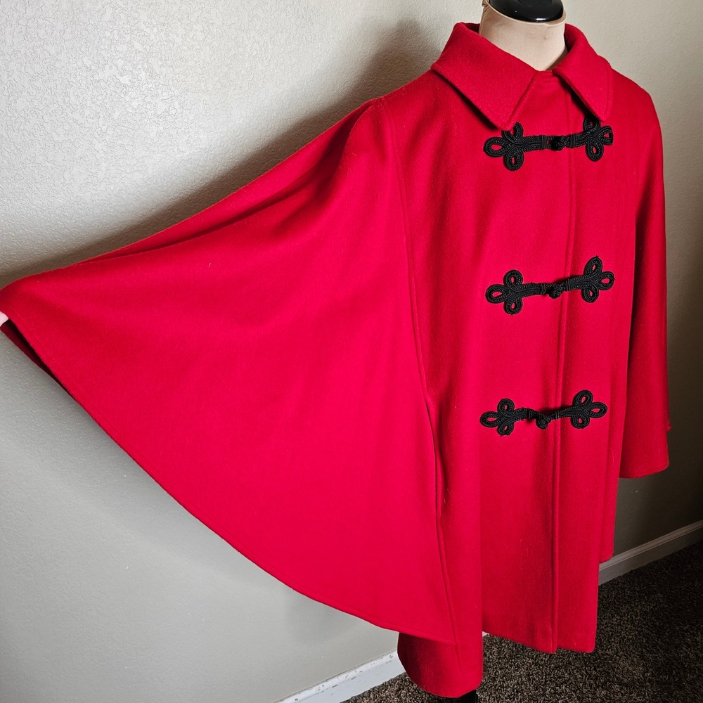 Vintage Red Wool Cape Coat Poncho Toggle Closure Collar Loring Large - Picture 3 of 16